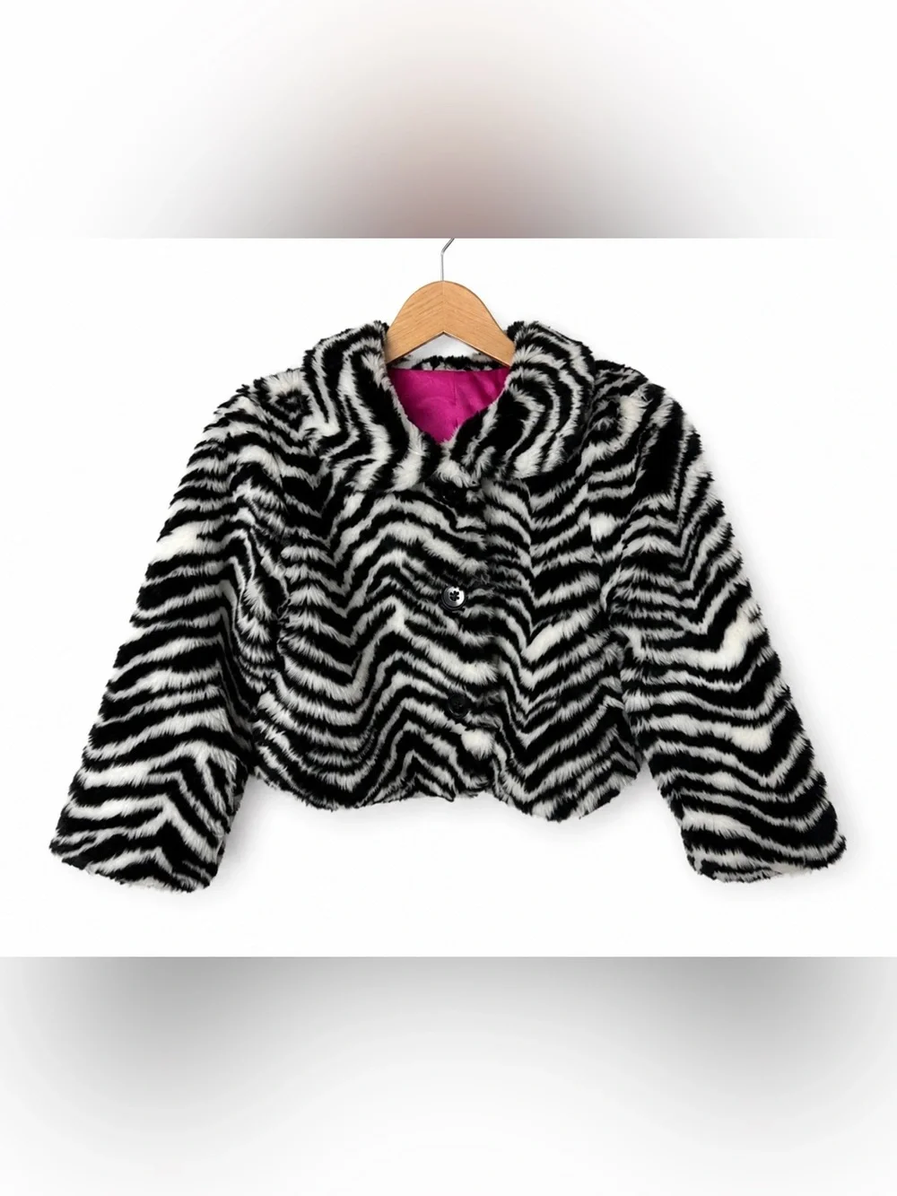 Gymboree Girls Faux Fur Zebra Print Coat Jacket XS Black White Plush Cropped